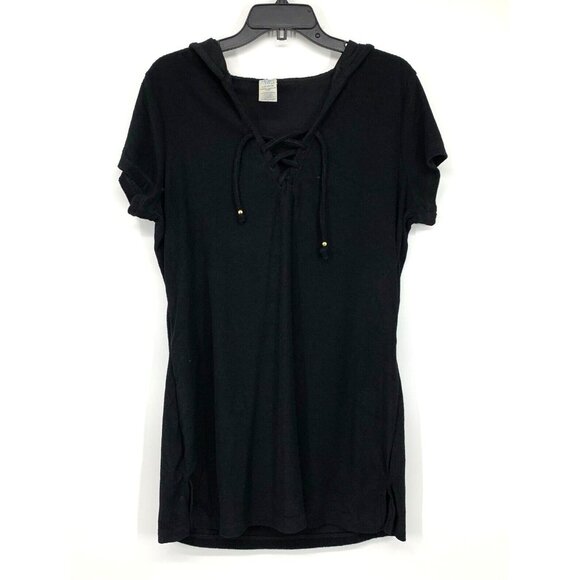 Time and Tru Coverup Dress Black Terry Swim Lace Up Hooded - Picture 2 of 8